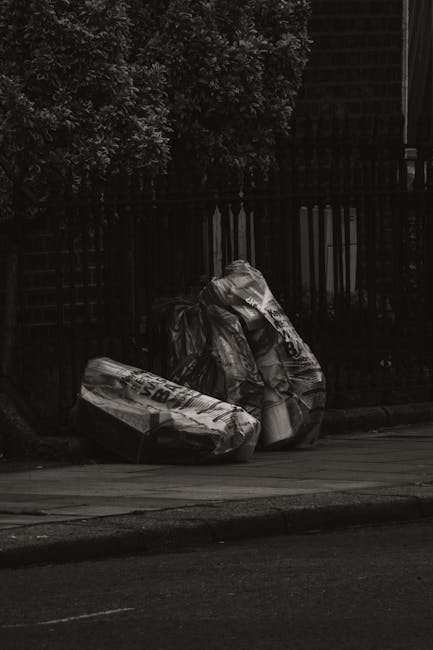 On a paved street at the edge of a residential or urban area, two large black plastic rubbish bags and a cardboard box are positioned in front of a black iron fence with vertical bars. The bags appear full and are tied at the top, with the cardboard box lying partially flat and displaying some printed text and images, suggesting discarded packaging materials. Behind the fence, dense foliage of trees with dark leaves is visible, creating a shaded background. The scene is lit with natural light, casting soft shadows on the pavement and objects. The overall setting indicates an area where informal rubbish is collected or awaiting removal, consistent with private waste clearance services such as those offered by Rubbish Clearance Ruislip, which often handles non-standard or additional waste outside of regular municipal collection schedules. This visual scene aligns with the practice of alternative waste handling and on-site rubbish disposal efforts to maintain cleanliness and manage non-recyclable waste locally.